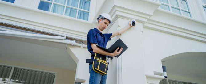 Technician adjusting a security camera on a building