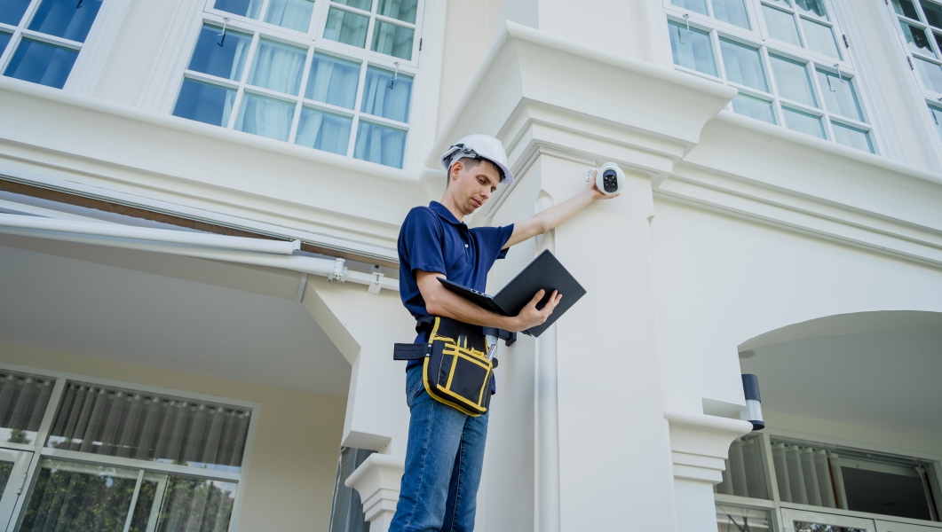 Technician adjusting a security camera on a building